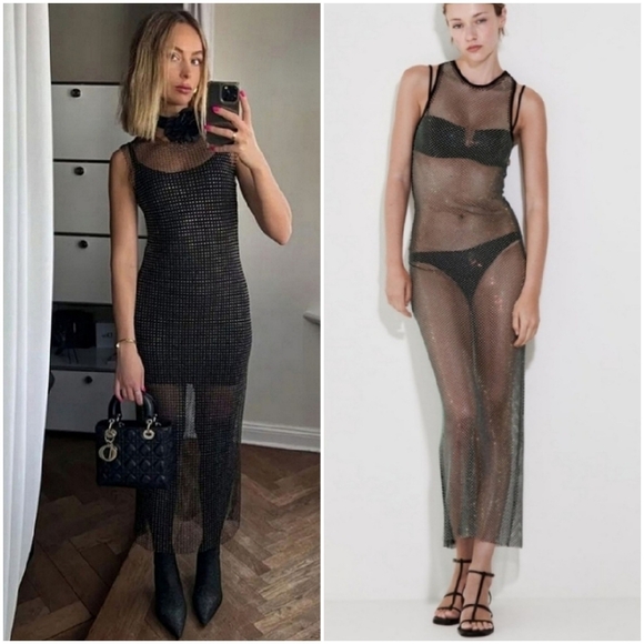 Zara | Dresses | Zara Rhinestone Jewel Long Mesh Dress | Poshmark